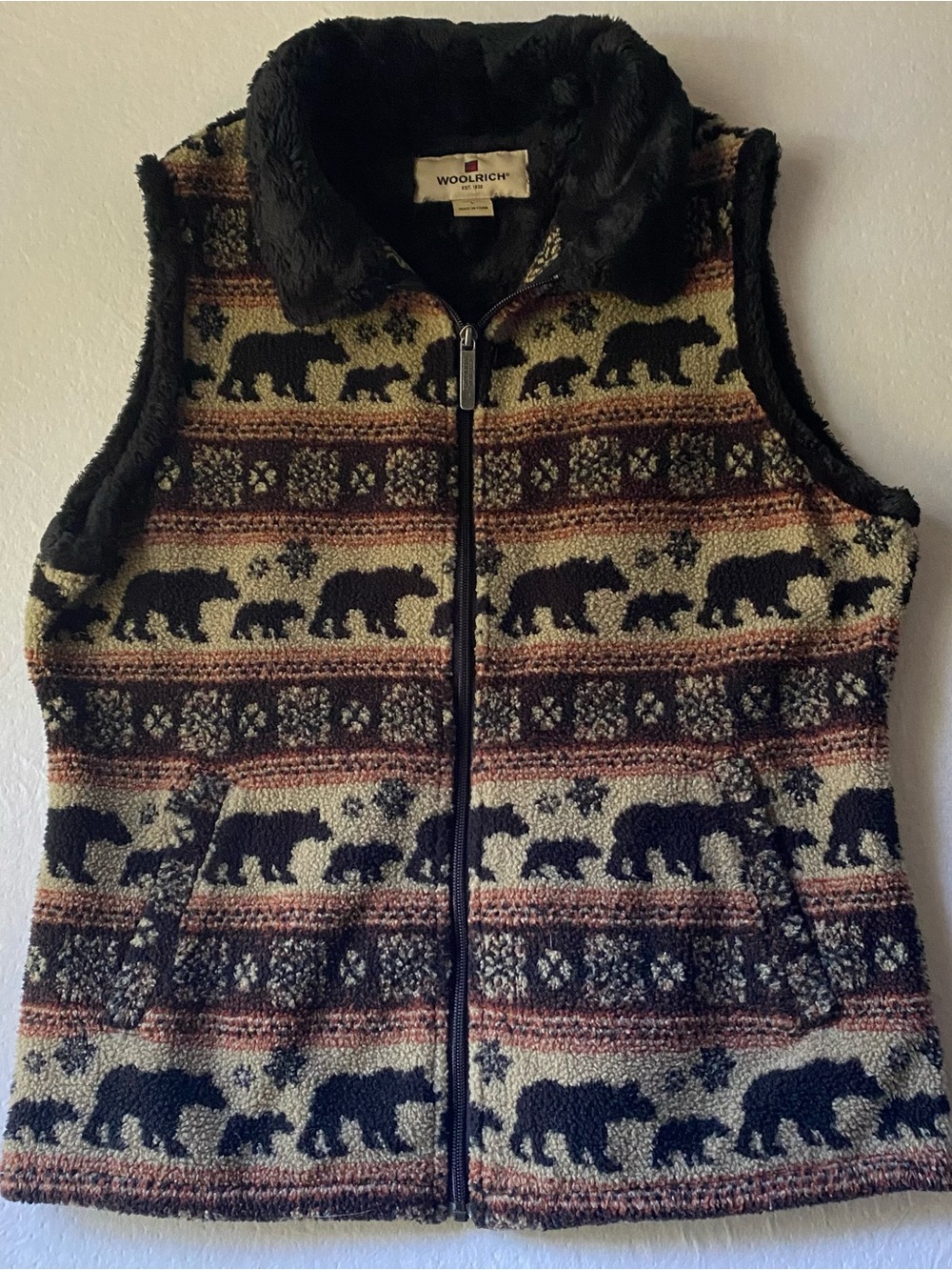 Woolrich Bear Stripe Fleece Vest Women's L Full Zip Faux Fur